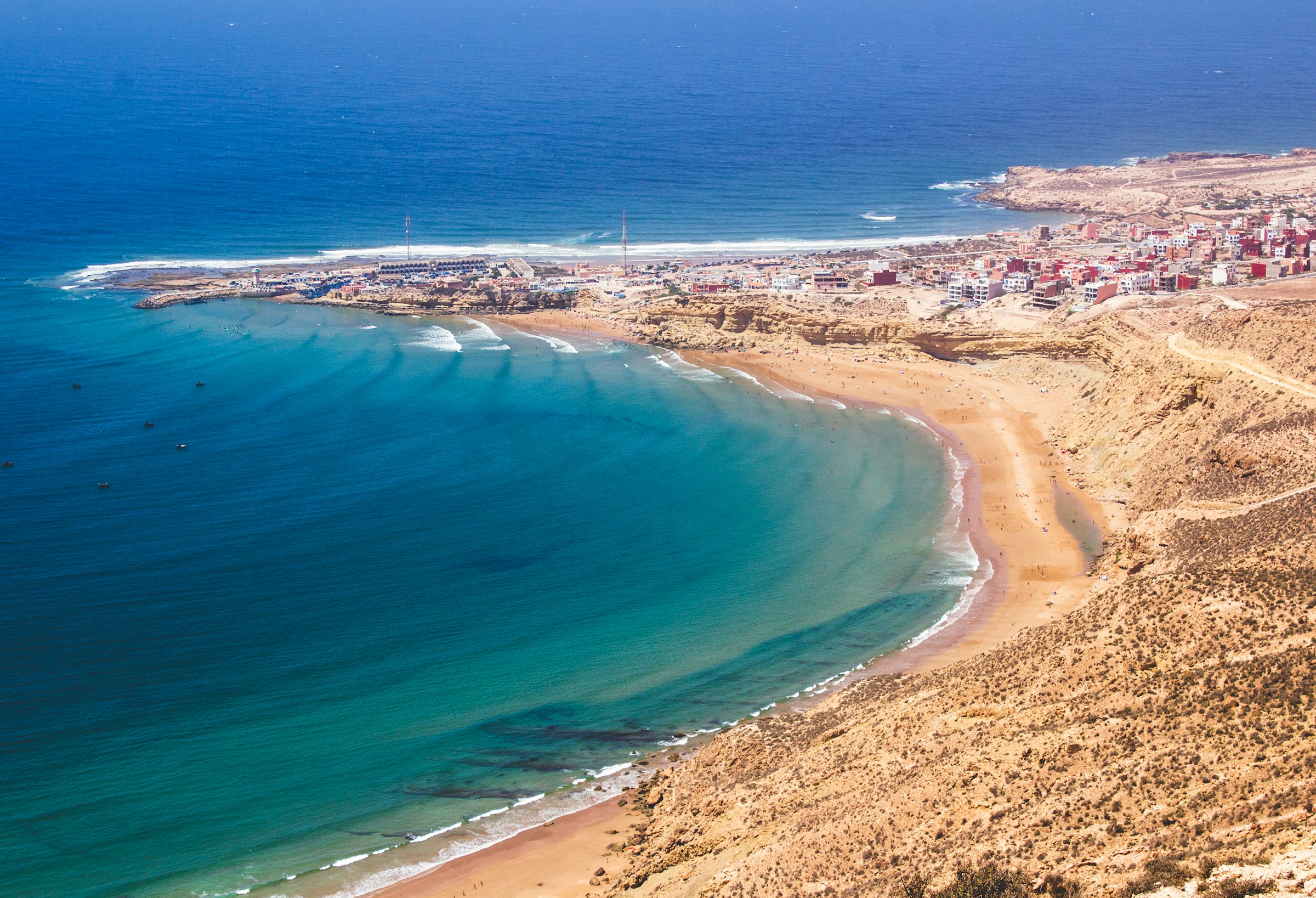 Aerial view of the Atlantic coastline and beach at Imsouane, Morocco